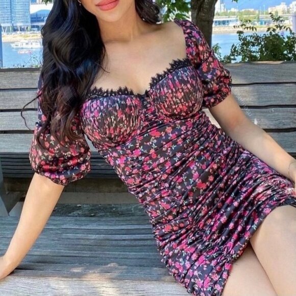 💕FOR LOVE AND LEMONS💕 Melrose Mini Satin Dress ~ Floral Rose Print Large NWT - Picture 4 of 16